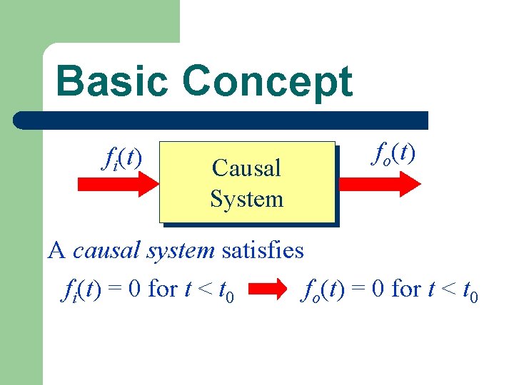 Basic Concept fi(t) Causal System fo(t) A causal system satisfies fi(t) = 0 for