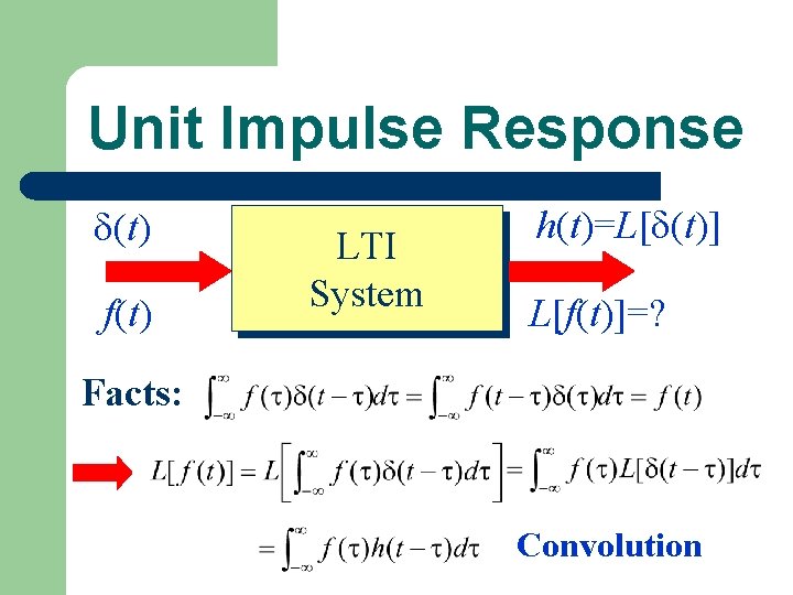 Unit Impulse Response (t) f(t) LTI System h(t)=L[ (t)] L[f(t)]=? Facts: Convolution 