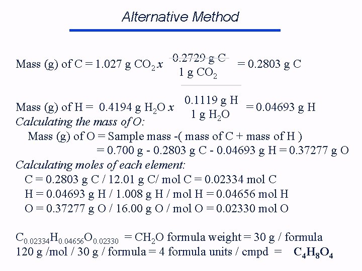 Alternative Method Mass (g) of C = 1. 027 g CO 2 x 0.