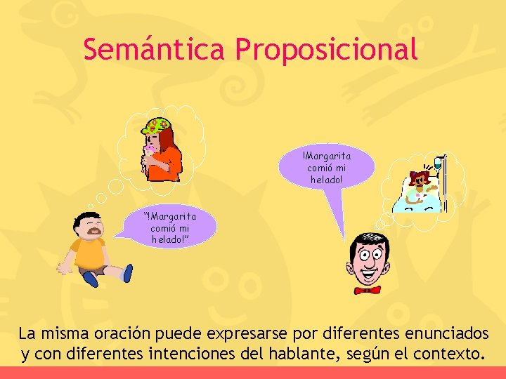 Semántica Proposicional !Margarita comió mi helado! “!Margarita comió mi helado!” La misma oración puede