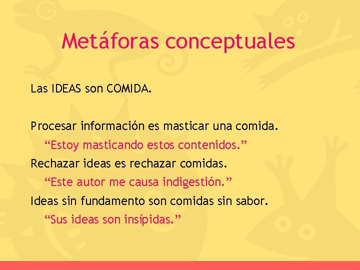 Metáforas conceptuales Las IDEAS son COMIDA. Procesar información es masticar una comida. “Estoy masticando