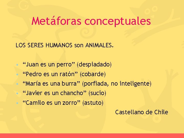 Metáforas conceptuales LOS SERES HUMANOS son ANIMALES. • “Juan es un perro” (despiadado) •