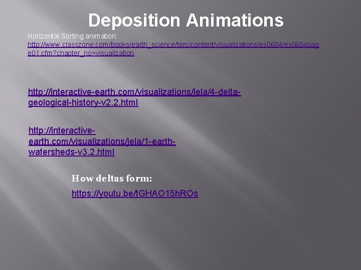 Deposition Animations Horizontal Sorting animation: http: //www. classzone. com/books/earth_science/terc/content/visualizations/es 0604 pag e 01. cfm?