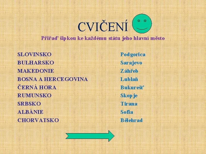 CVIČENÍ Přiřaď šipkou ke každému státu jeho hlavní město SLOVINSKO BULHARSKO MAKEDONIE BOSNA A