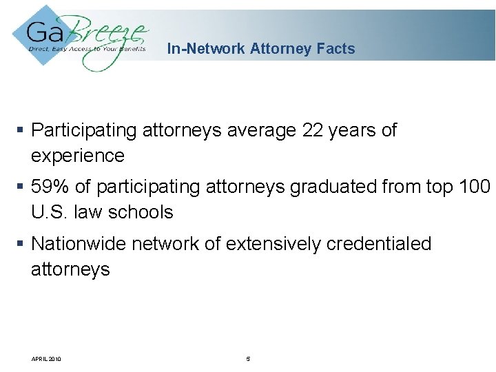 In-Network Attorney Facts Participating attorneys average 22 years of experience 59% of participating attorneys