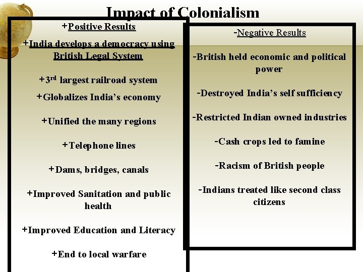 Impact of Colonialism +Positive Results +India develops a democracy using British Legal System +3