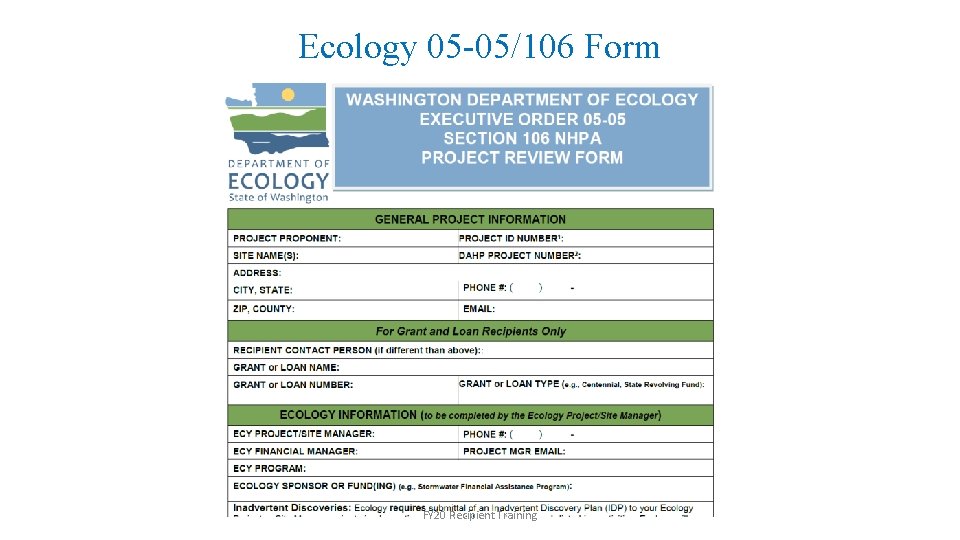 Ecology 05 -05/106 Form FY 20 Recipient Training 