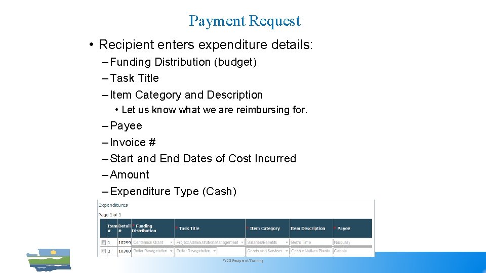 Payment Request • Recipient enters expenditure details: – Funding Distribution (budget) – Task Title