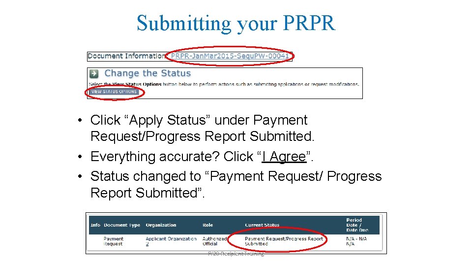 Submitting your PRPR • Click “Apply Status” under Payment Request/Progress Report Submitted. • Everything