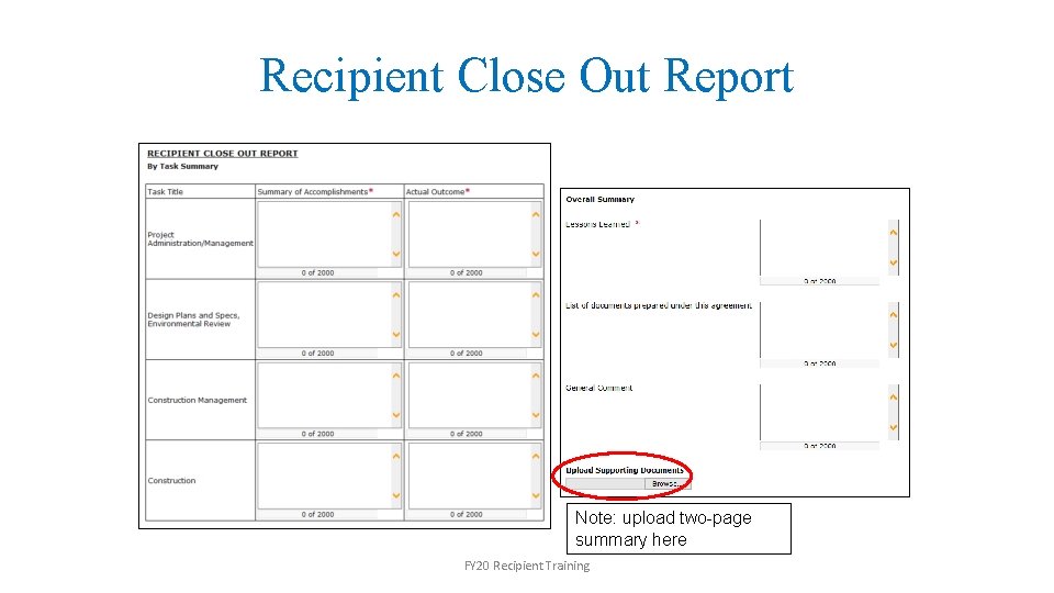 Recipient Close Out Report Note: upload two-page summary here FY 20 Recipient Training 