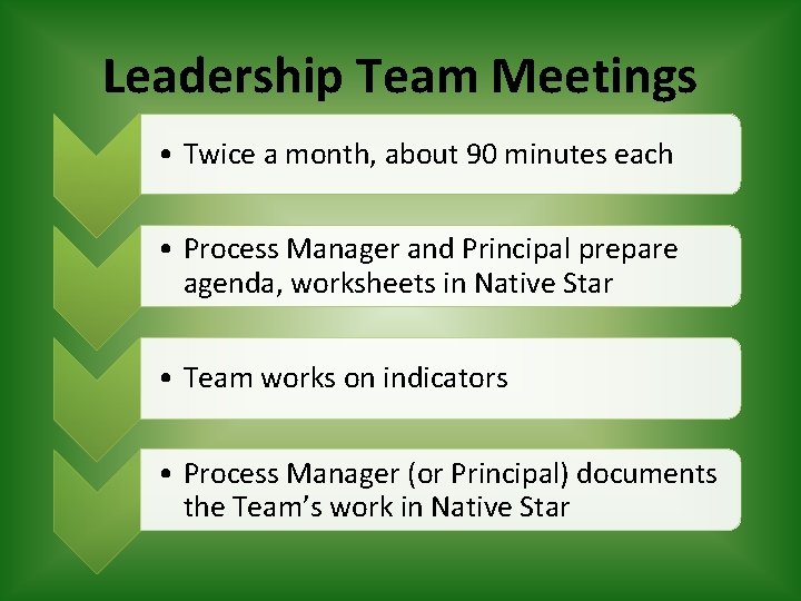 Leadership Team Meetings • Twice a month, about 90 minutes each • Process Manager