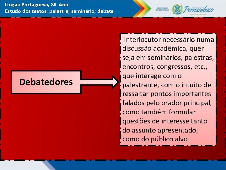 Língua Portuguesa, 8º Ano Estudo dos textos: palestra; seminário; debate Debatedores Interlocutor necessário numa