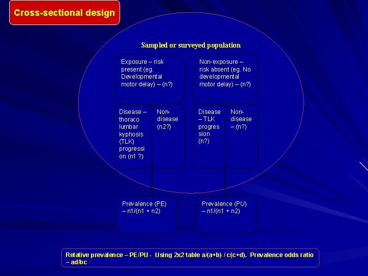 Cross-sectional design Sampled or surveyed population Exposure – risk present (eg. Developmental motor delay)
