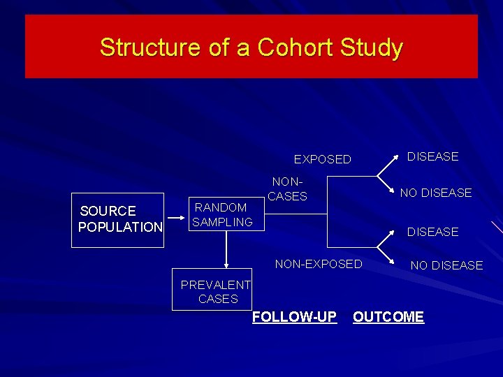 Structure of a Cohort Study DISEASE EXPOSED SOURCE POPULATION RANDOM SAMPLING NONCASES NO DISEASE