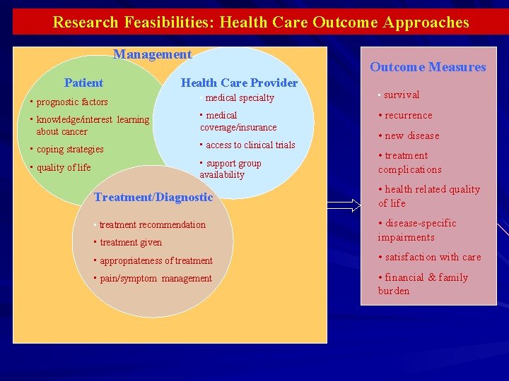 Research Feasibilities: Health Care Outcome Approaches Management Patient Outcome Measures Health Care Provider •