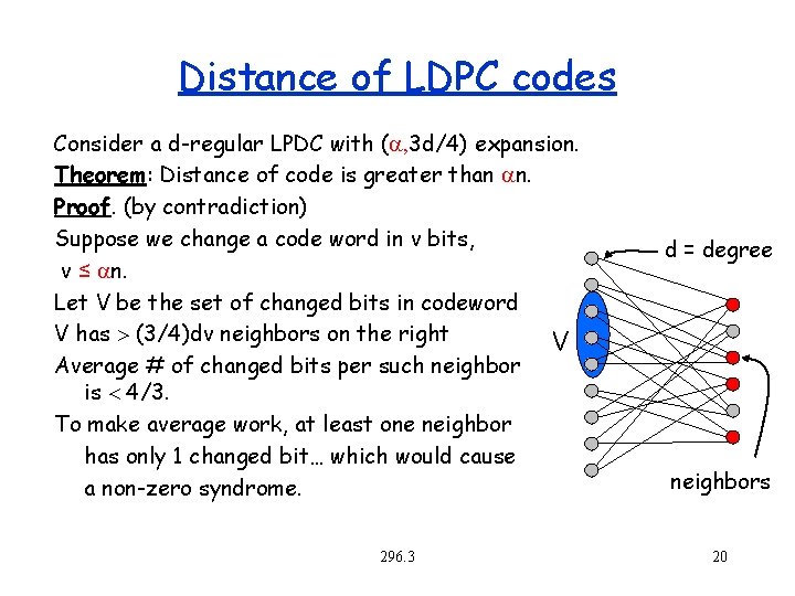 Distance of LDPC codes Consider a d-regular LPDC with ( , 3 d/4) expansion.