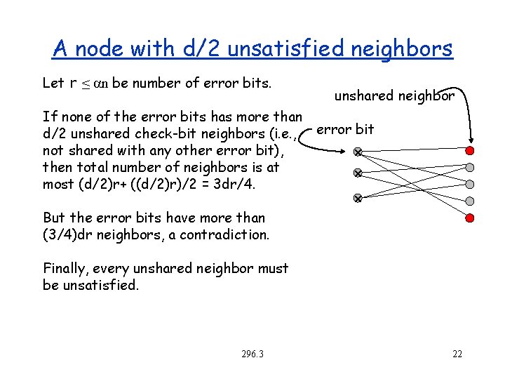 A node with d/2 unsatisfied neighbors Let r ≤ n be number of error