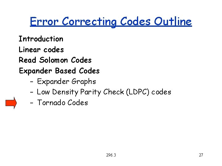 Error Correcting Codes Outline Introduction Linear codes Read Solomon Codes Expander Based Codes –