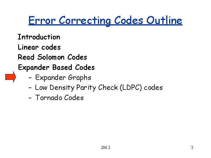 Error Correcting Codes Outline Introduction Linear codes Read Solomon Codes Expander Based Codes –