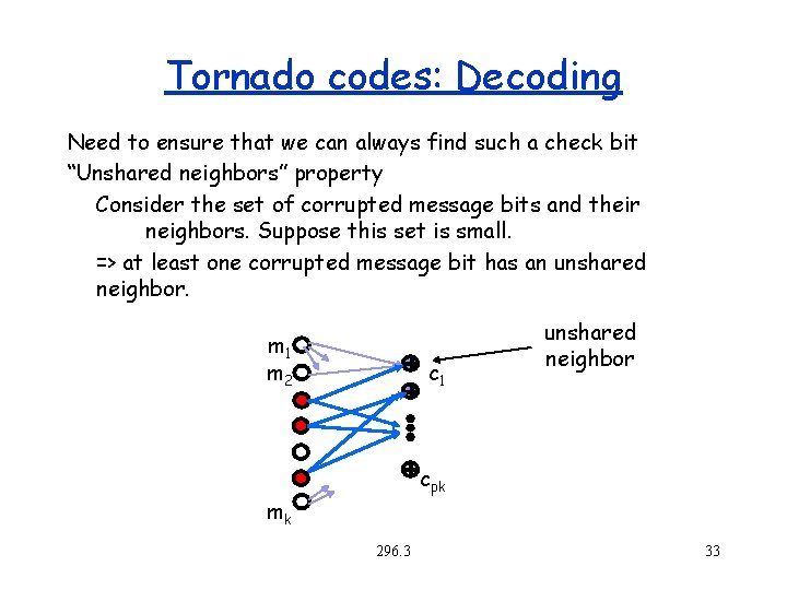 Tornado codes: Decoding Need to ensure that we can always find such a check