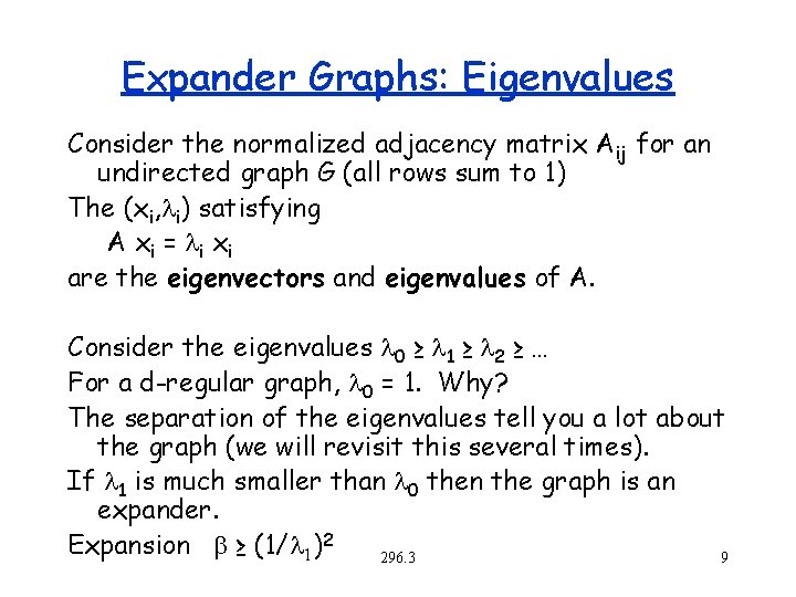 Expander Graphs: Eigenvalues Consider the normalized adjacency matrix Aij for an undirected graph G