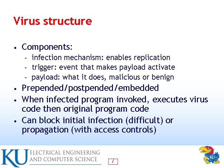 Virus structure • Components: infection mechanism: enables replication – trigger: event that makes payload