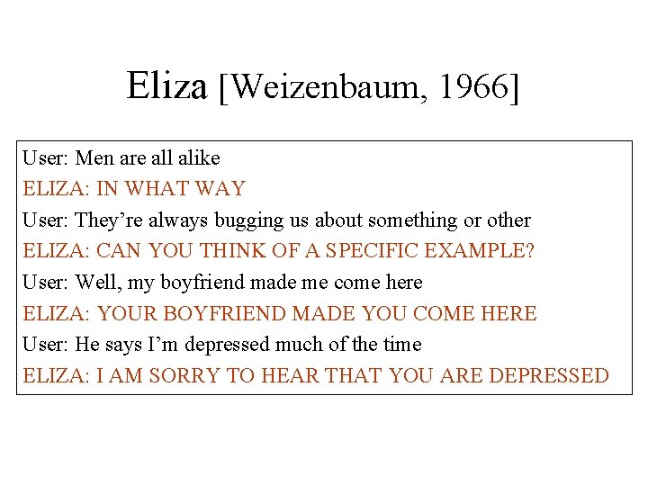 Eliza [Weizenbaum, 1966] User: Men are all alike ELIZA: IN WHAT WAY User: They’re