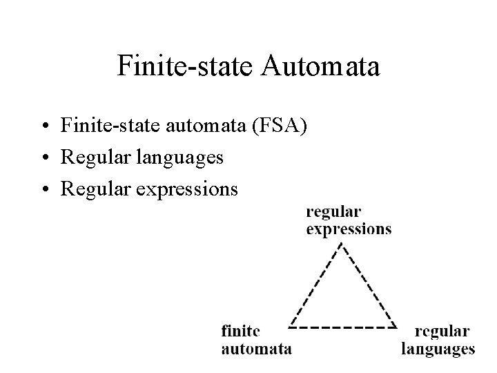 Finite-state Automata • Finite-state automata (FSA) • Regular languages • Regular expressions Finite-state Automata • Finite-state automata (FSA) • Regular languages • Regular expressions