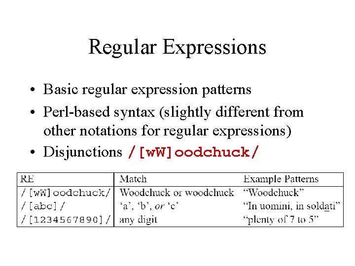 Regular Expressions • Basic regular expression patterns • Perl-based syntax (slightly different from other Regular Expressions • Basic regular expression patterns • Perl-based syntax (slightly different from other