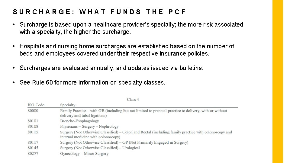 SURCHARGE: WHAT FUNDS THE PCF • Surcharge is based upon a healthcare provider’s specialty;