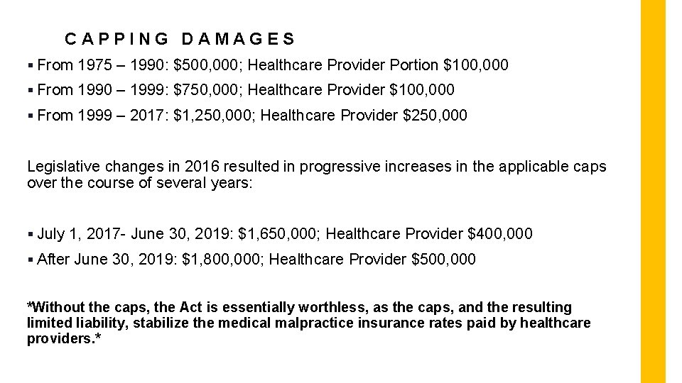 CAPPING DAMAGES § From 1975 – 1990: $500, 000; Healthcare Provider Portion $100, 000