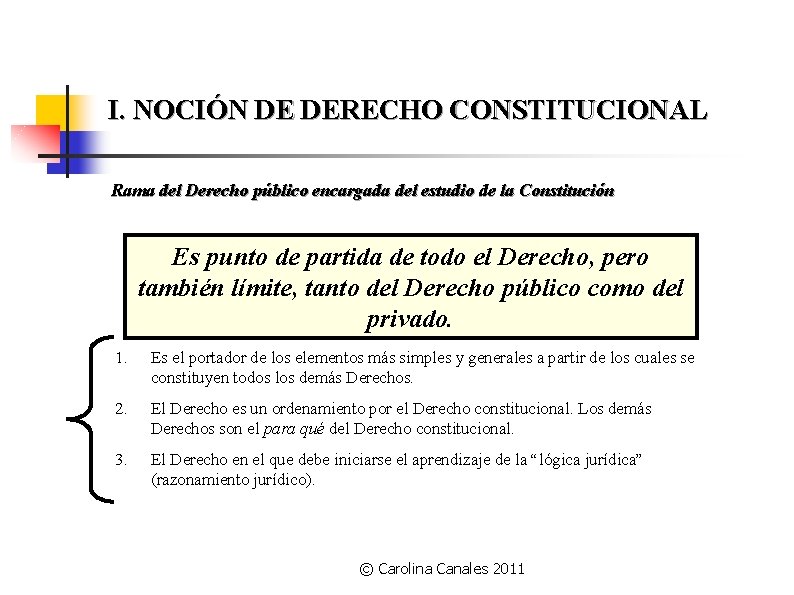 I. NOCIÓN DE DERECHO CONSTITUCIONAL Rama del Derecho público encargada del estudio de la