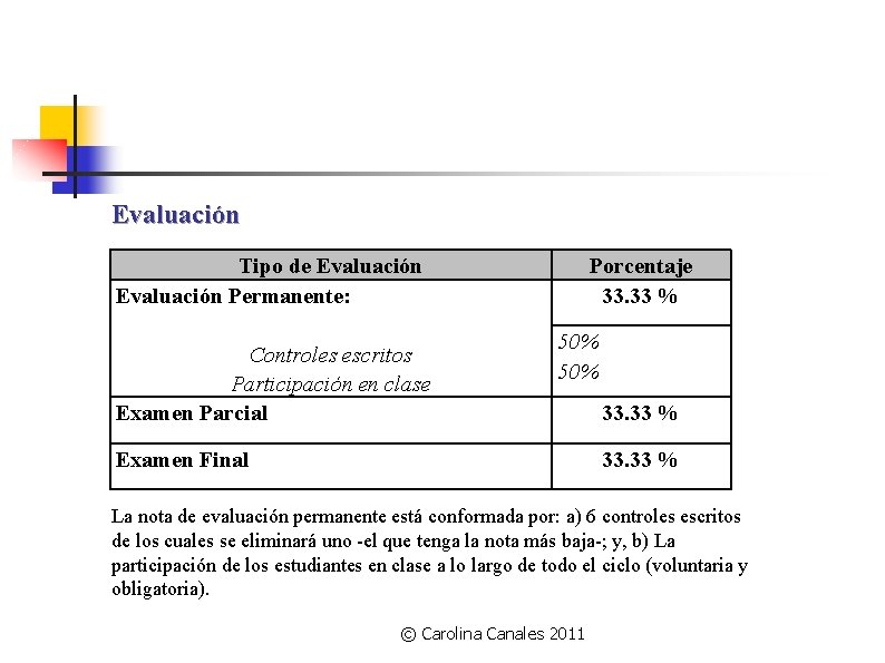 Evaluación Tipo de Evaluación Permanente: Controles escritos Participación en clase Examen Parcial Porcentaje 33.