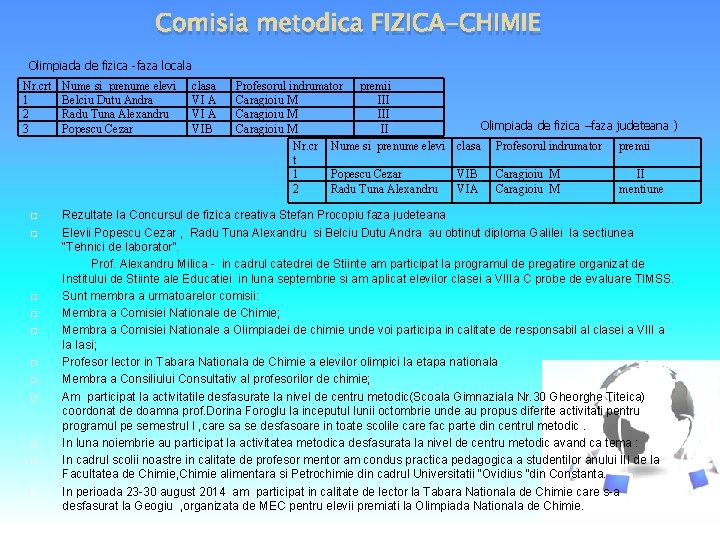 Comisia metodica FIZICA-CHIMIE Olimpiada de fizica -faza locala Nr. crt Nume si prenume elevi