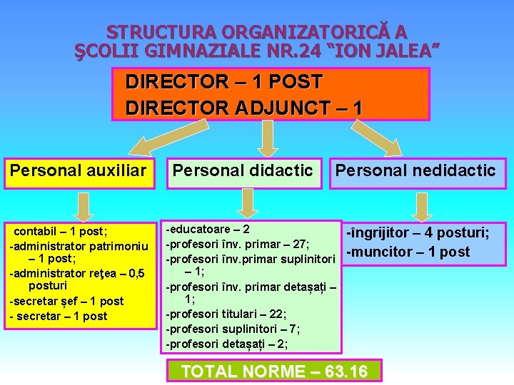 STRUCTURA ORGANIZATORICĂ A ŞCOLII GIMNAZIALE NR. 24 “ION JALEA” DIRECTOR – 1 POST DIRECTOR