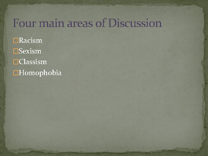 Four main areas of Discussion �Racism �Sexism �Classism �Homophobia 