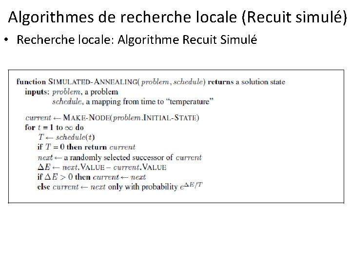  Algorithmes de recherche locale (Recuit simulé) • Recherche locale: Algorithme Recuit Simulé 
