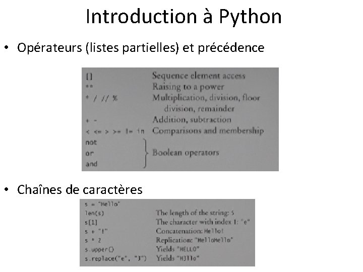  Introduction à Python • Opérateurs (listes partielles) et précédence • Chaînes de caractères