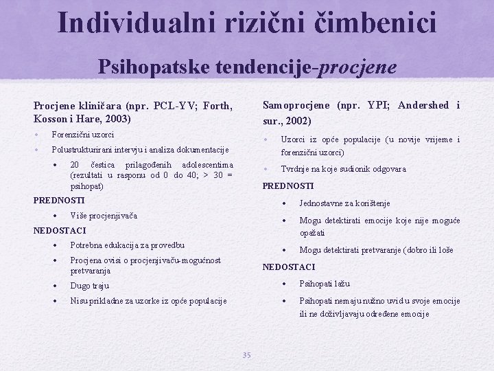 Individualni rizični čimbenici Psihopatske tendencije-procjene Procjene kliničara (npr. PCL-YV; Forth, Kosson i Hare, 2003)