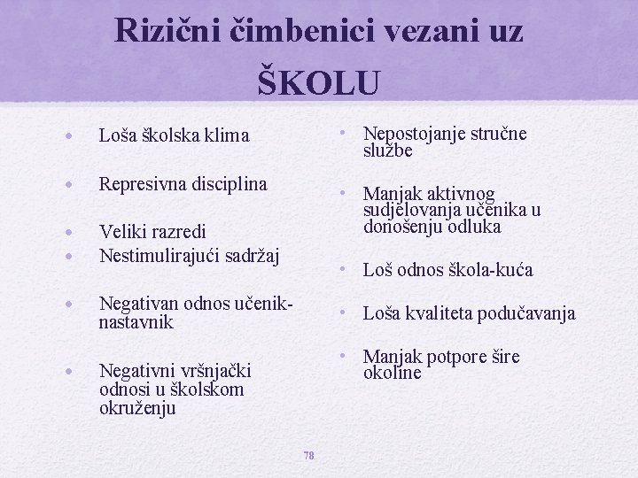 Rizični čimbenici vezani uz ŠKOLU • Loša školska klima • Nepostojanje stručne službe • Rizični čimbenici vezani uz ŠKOLU • Loša školska klima • Nepostojanje stručne službe •