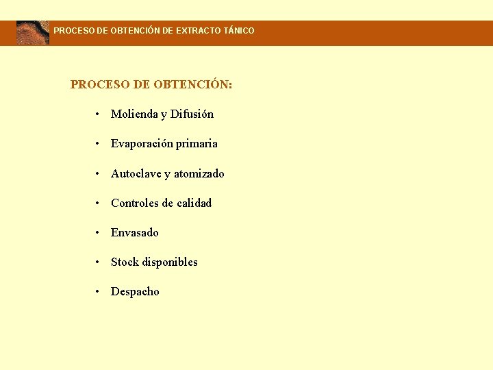 PROCESO DE OBTENCIÓN DE EXTRACTO TÁNICO PROCESO DE OBTENCIÓN: • Molienda y Difusión •