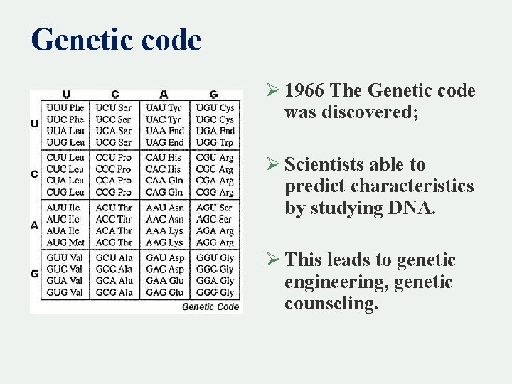 Genetic code Ø 1966 The Genetic code was discovered; Ø Scientists able to predict