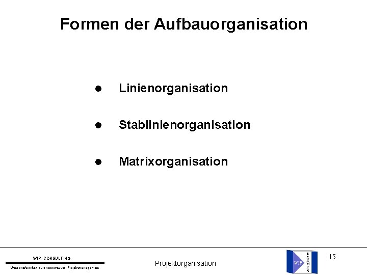 Formen der Aufbauorganisation l Linienorganisation l Stablinienorganisation l Matrixorganisation WIP- CONSULTING Wirtschaftlichkeit durch innovatives