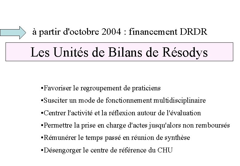 à partir d'octobre 2004 : financement DRDR Les Unités de Bilans de Résodys •