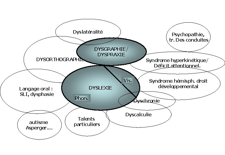 Dyslatéralité DYSORTHOGRAPHIE Psychopathie, tr. Des conduites DYSGRAPHIE/ DYSPRAXIE Syndrome hyperkinétique/ Déficit attentionnel. Vis. Langage