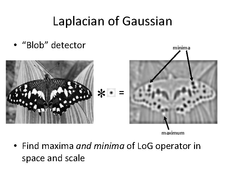 Laplacian of Gaussian • “Blob” detector minima * = maximum • Find maxima and Laplacian of Gaussian • “Blob” detector minima * = maximum • Find maxima and