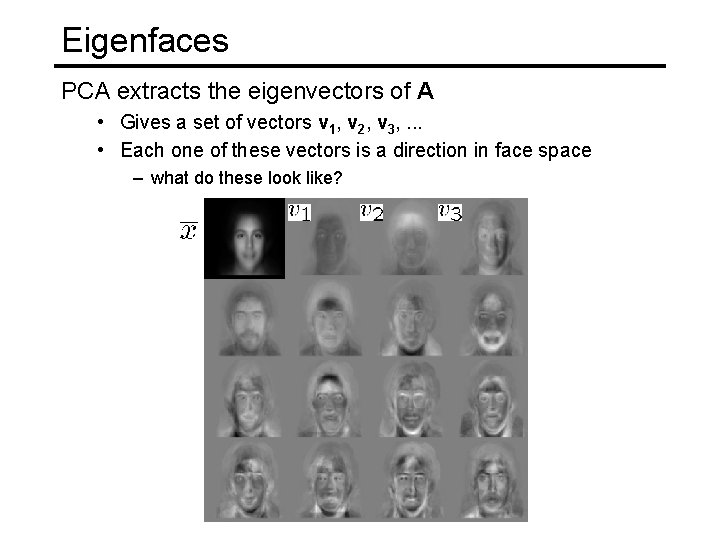 Eigenfaces PCA extracts the eigenvectors of A • Gives a set of vectors v Eigenfaces PCA extracts the eigenvectors of A • Gives a set of vectors v