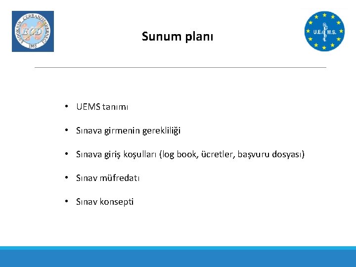 Sunum planı • UEMS tanımı • Sınava girmenin gerekliliği • Sınava giriş koşulları (log