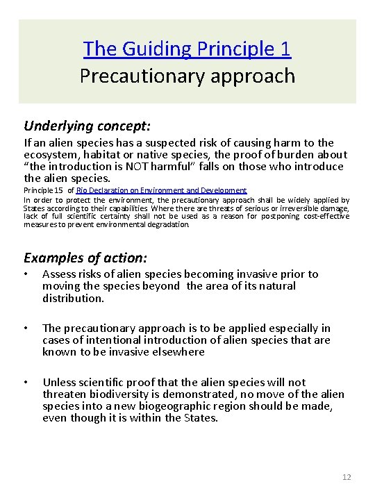 The Guiding Principle 1 Precautionary approach Underlying concept: If an alien species has a The Guiding Principle 1 Precautionary approach Underlying concept: If an alien species has a