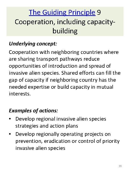The Guiding Principle 9 Cooperation, including capacitybuilding Underlying concept: Cooperation with neighboring countries where